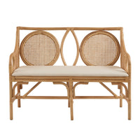 Wicker loveseat with beige cushions on a white background