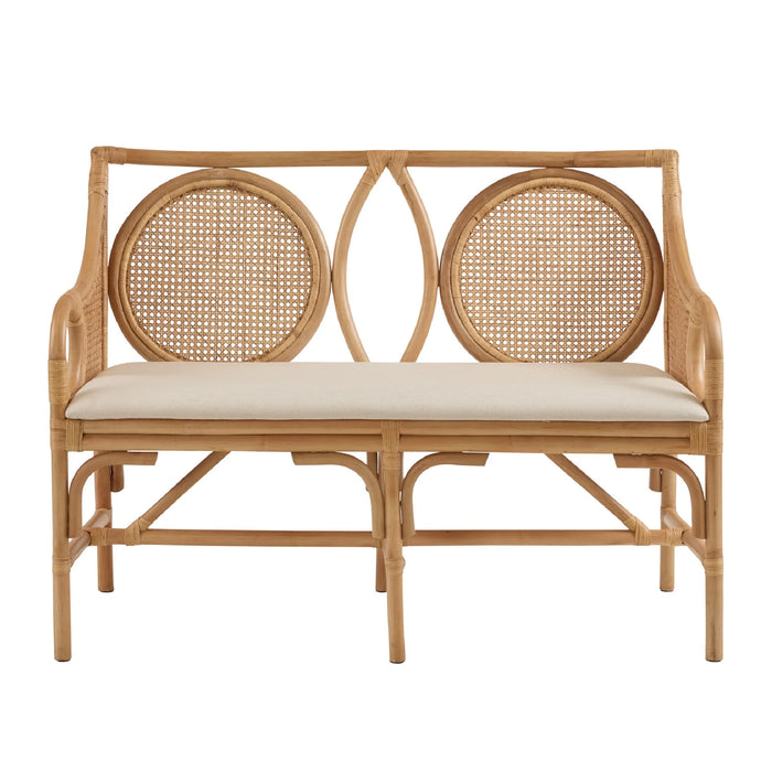 Wicker loveseat with beige cushions on a white background