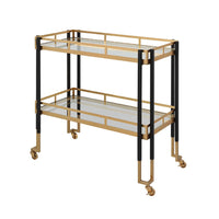 Uttermost Kentmore Bar Cart features gold and matte black, two tiers with glass shelves, and four caster wheels.