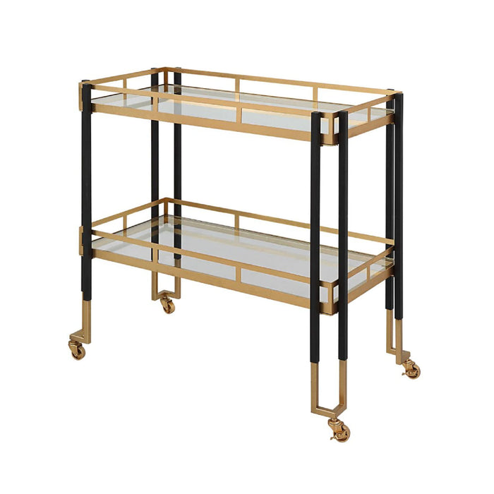 Uttermost Kentmore Bar Cart features gold and matte black, two tiers with glass shelves, and four caster wheels.