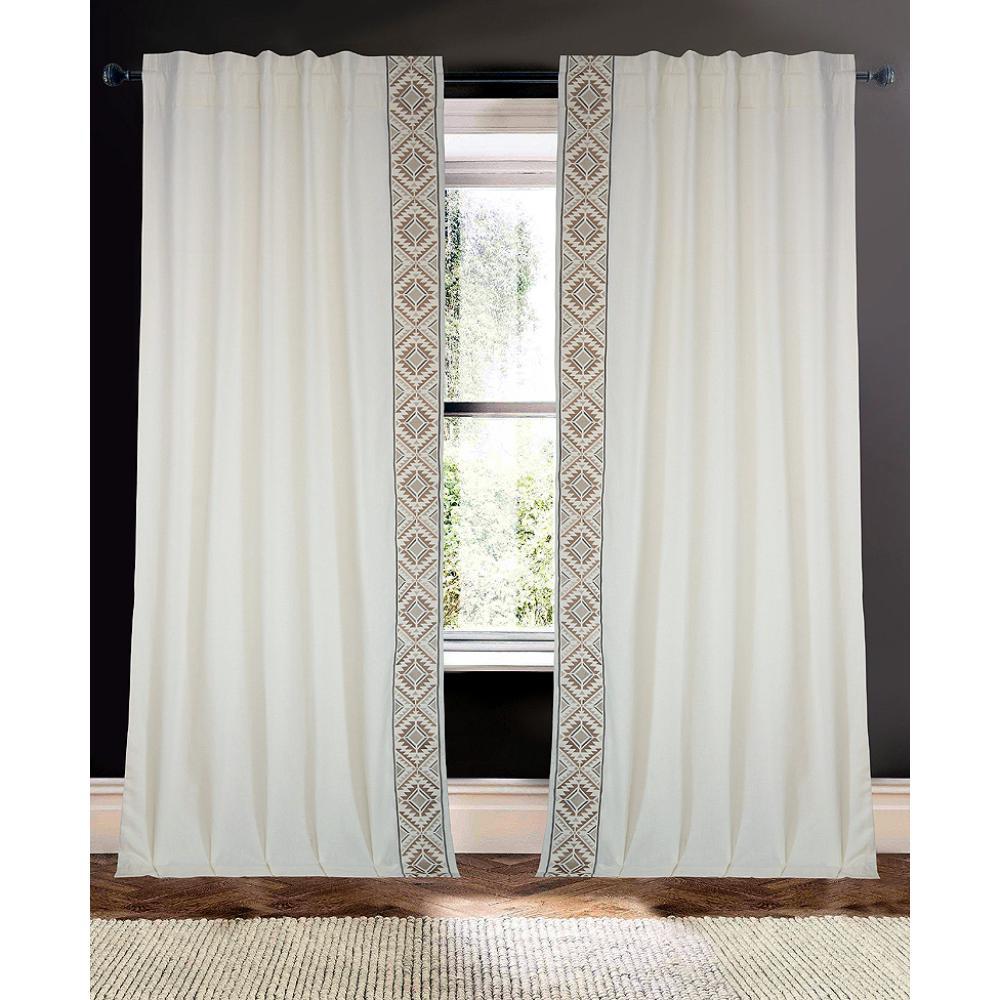ivory linen blend curtain panels Aztec embroidered edge tan white
