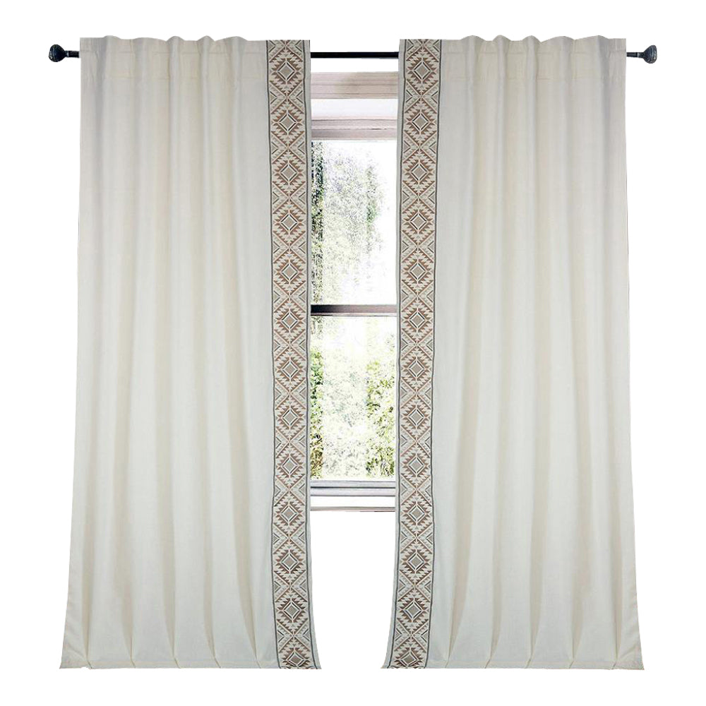 ivory linen blend curtain panels Aztec embroidered edge tan white