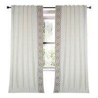 ivory linen blend curtain panels Aztec embroidered edge tan white