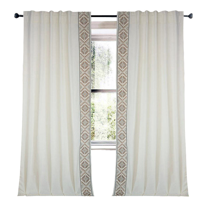 ivory linen blend curtain panels Aztec embroidered edge tan white