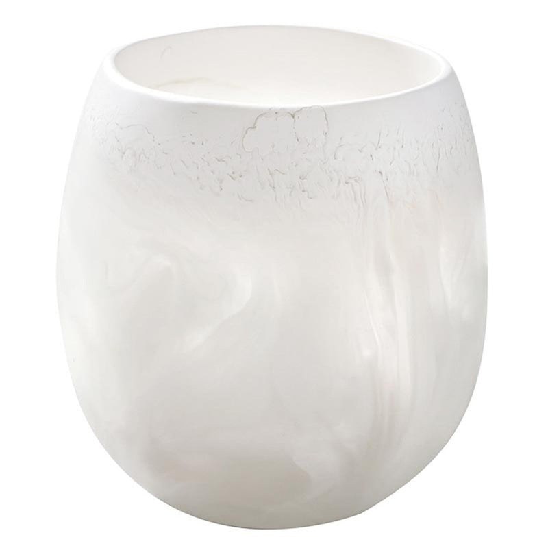 White, round vase with subtle marbling, inspired by Santa Barbara Design Studio's Resin White Stemless Wine Glasses set.