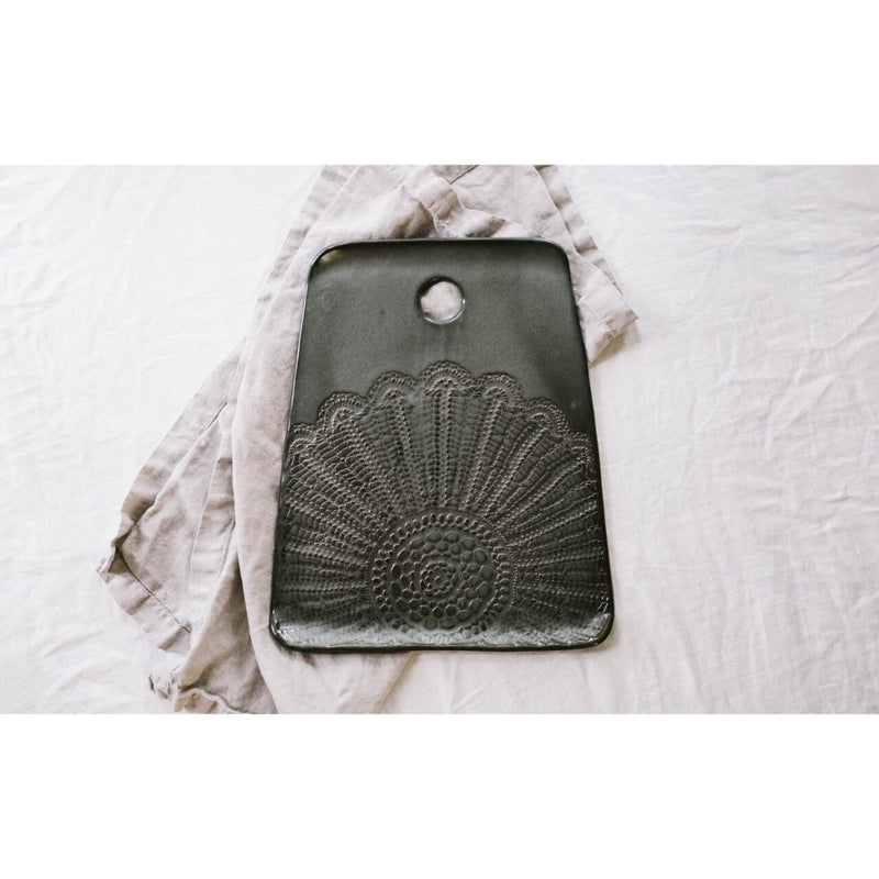 handmade ceramic gray lace detail cheeseboard 