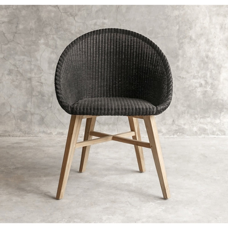 occasional chair teak base dark woven rattan seat