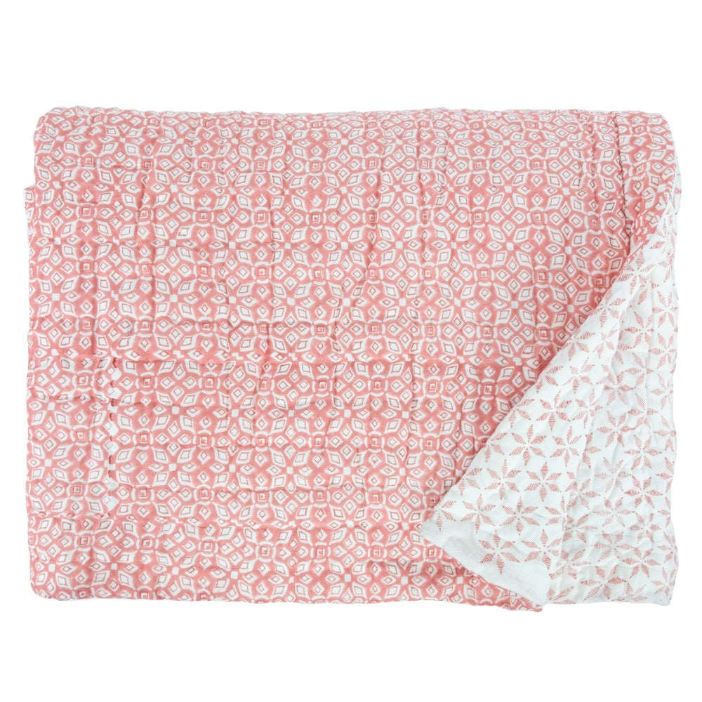 coral white geometric block printed quilt 