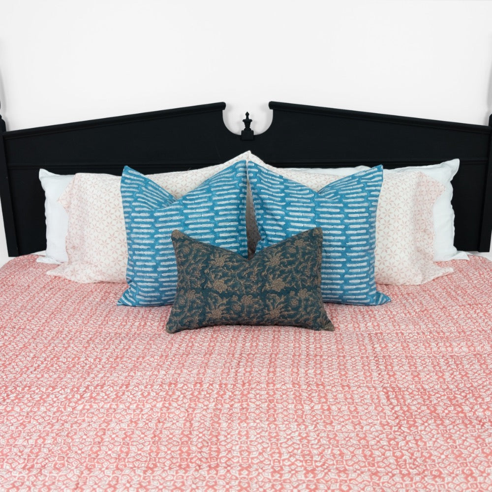 coral white geometric block printed quilt 