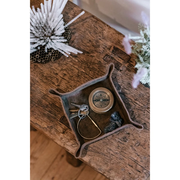 distress brown leather square catchall