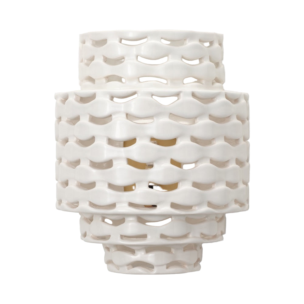 The Omiros White Gloss + Gold Sconce by Made Goods features a glossy abstract design, ideal for modern wall lighting.