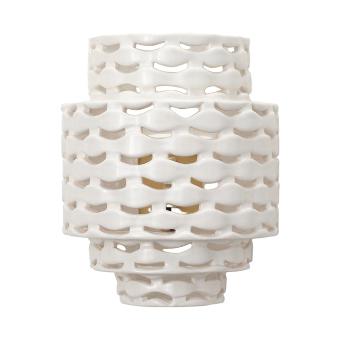 The Omiros White Gloss + Gold Sconce by Made Goods features a glossy abstract design, ideal for modern wall lighting.
