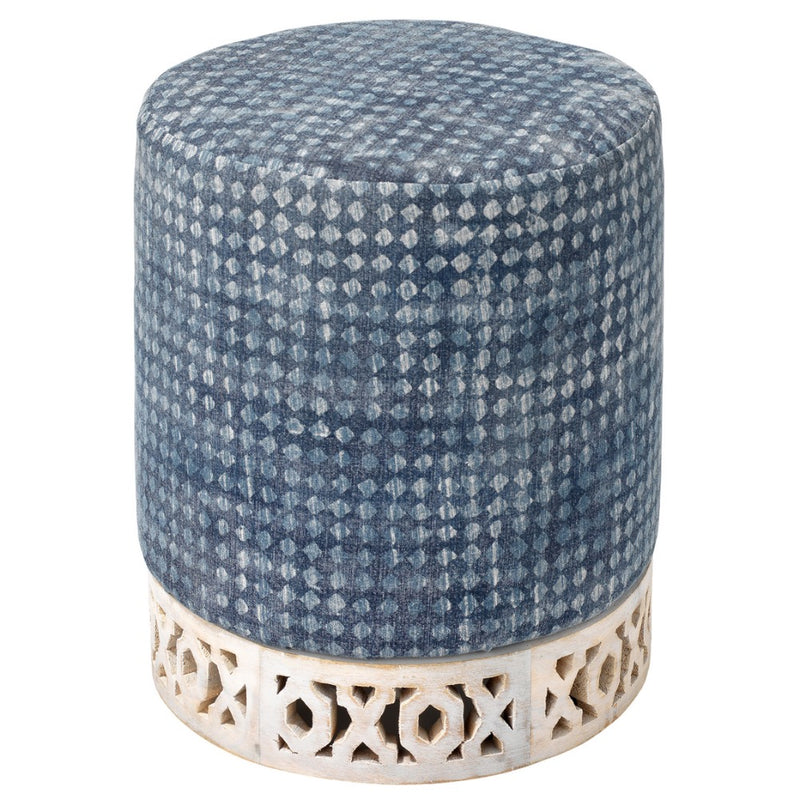upholstered cotton ottoman navy white wood carved base