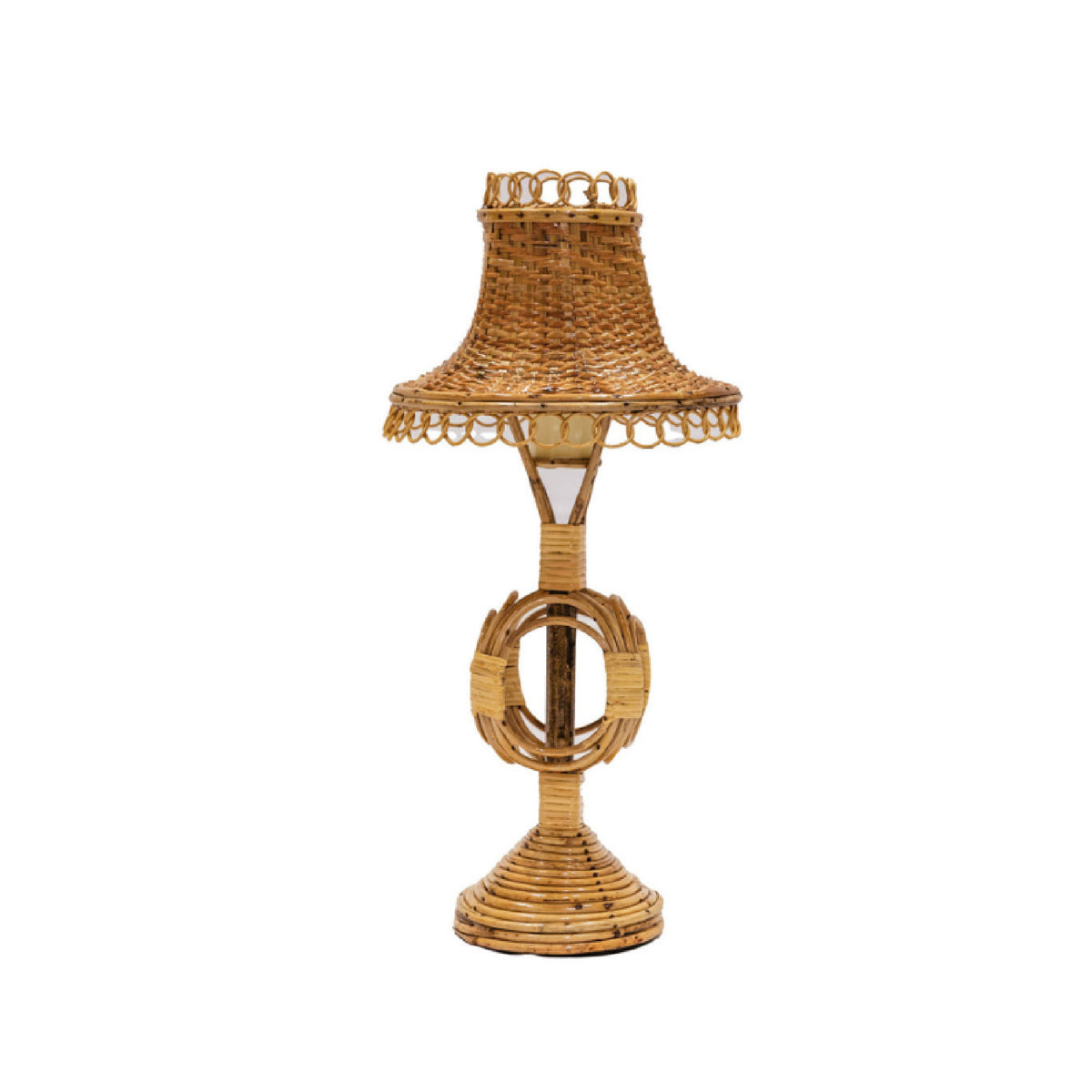 Wicker table lamp with a decorative shade on a white background