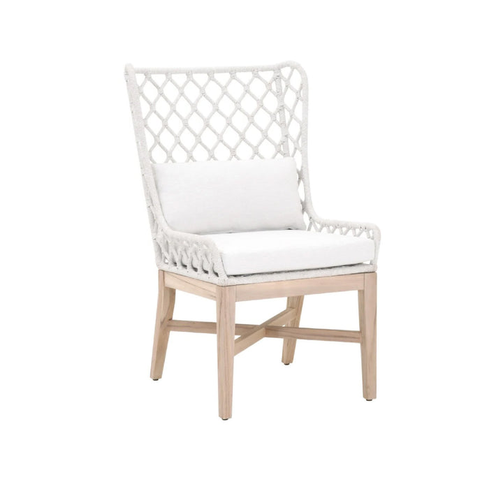 The Lattis Host Chair by Essentials for Living features a white woven rope seat, lattice backrest, and light wood legs.