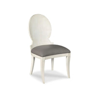 LeBeau Chair by Woodbridge Furniture: white wood, oval back, gray cushioned seat, elegant carrara finish.