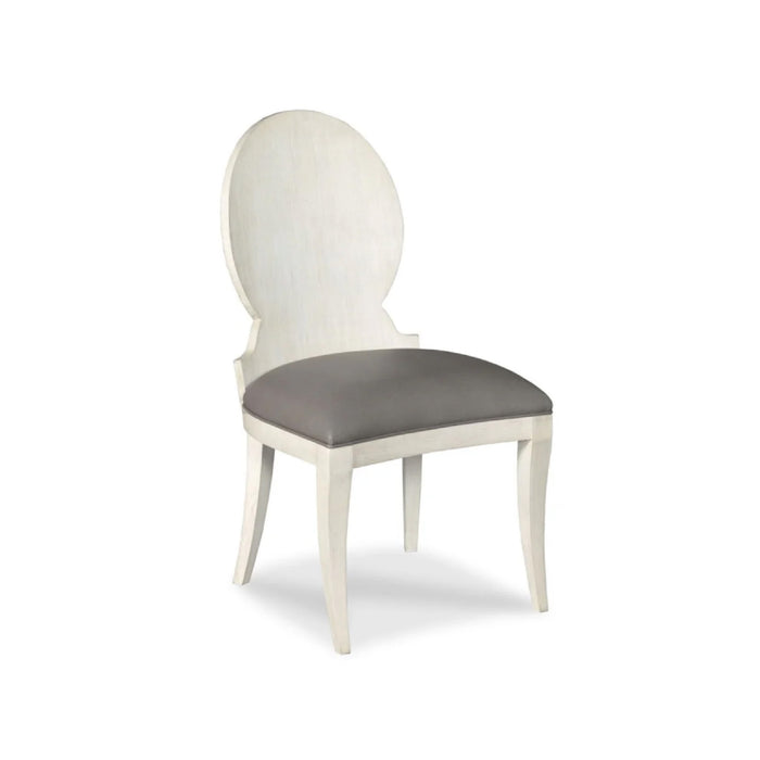 LeBeau Chair by Woodbridge Furniture: white wood, oval back, gray cushioned seat, elegant carrara finish.