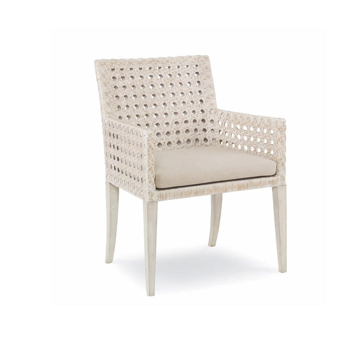 The Litchfield - Peninsula Armchair by Century Furniture features a cane back, upholstered seat, and open lattice sides.