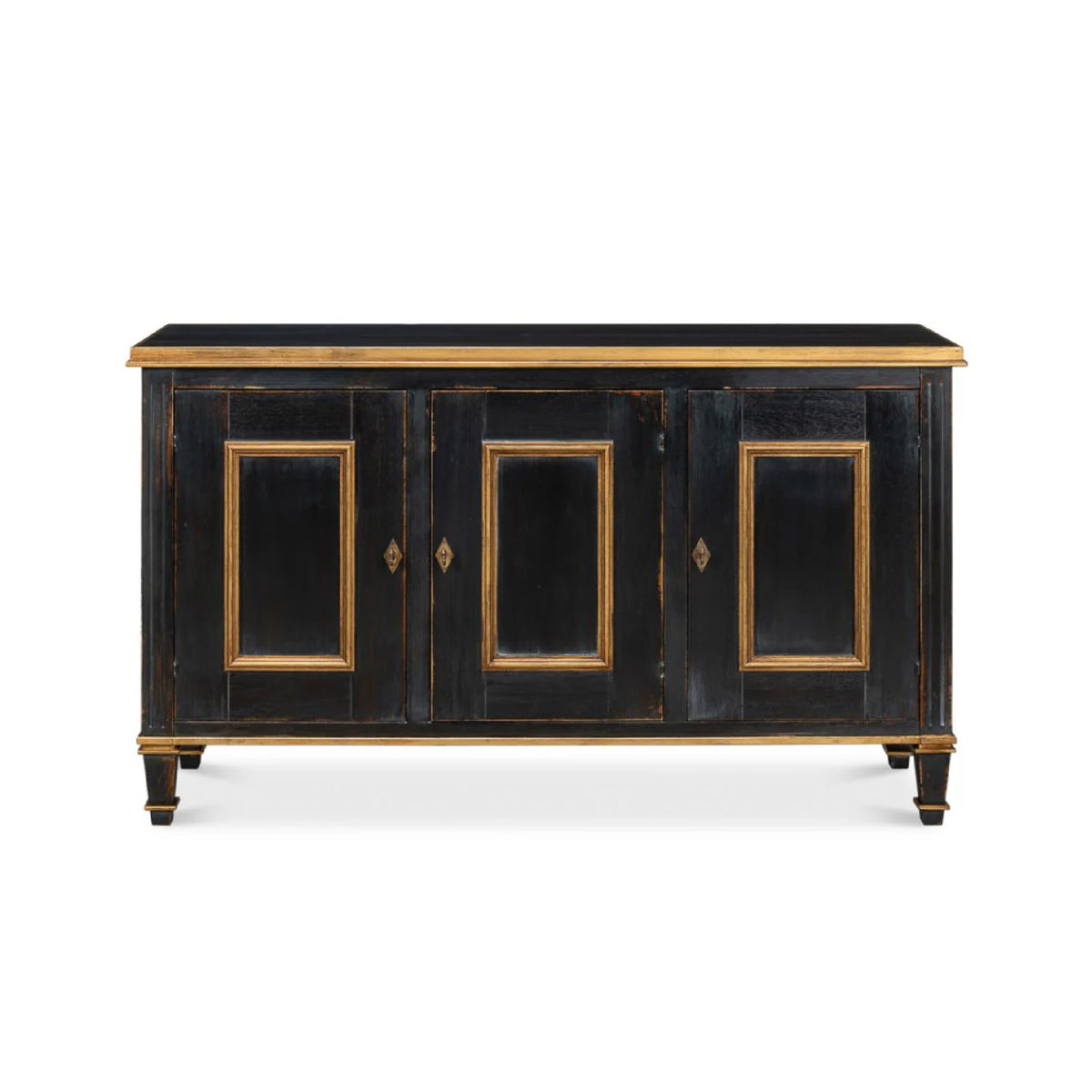The Louis XVI Powder Black + Gold Buffet by Sarreid, Ltd. features three paneled doors against a white background.