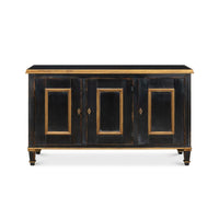 The Louis XVI Powder Black + Gold Buffet by Sarreid, Ltd. features three paneled doors against a white background.