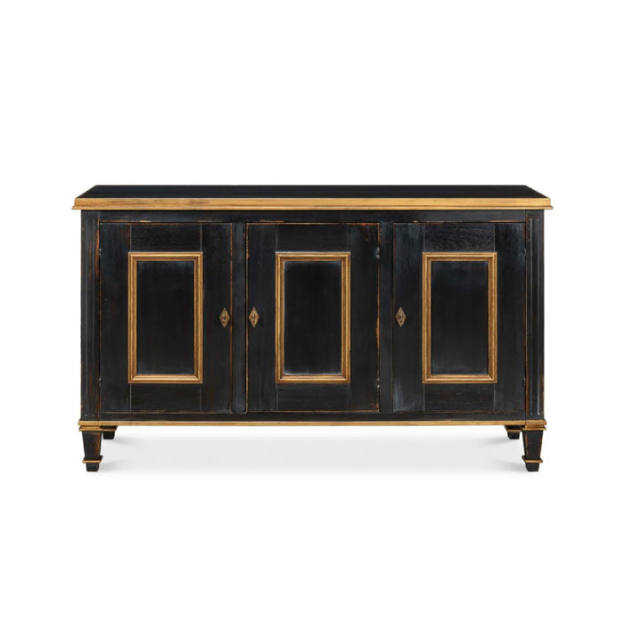 The Louis XVI Powder Black + Gold Buffet by Sarreid, Ltd. features three paneled doors against a white background.