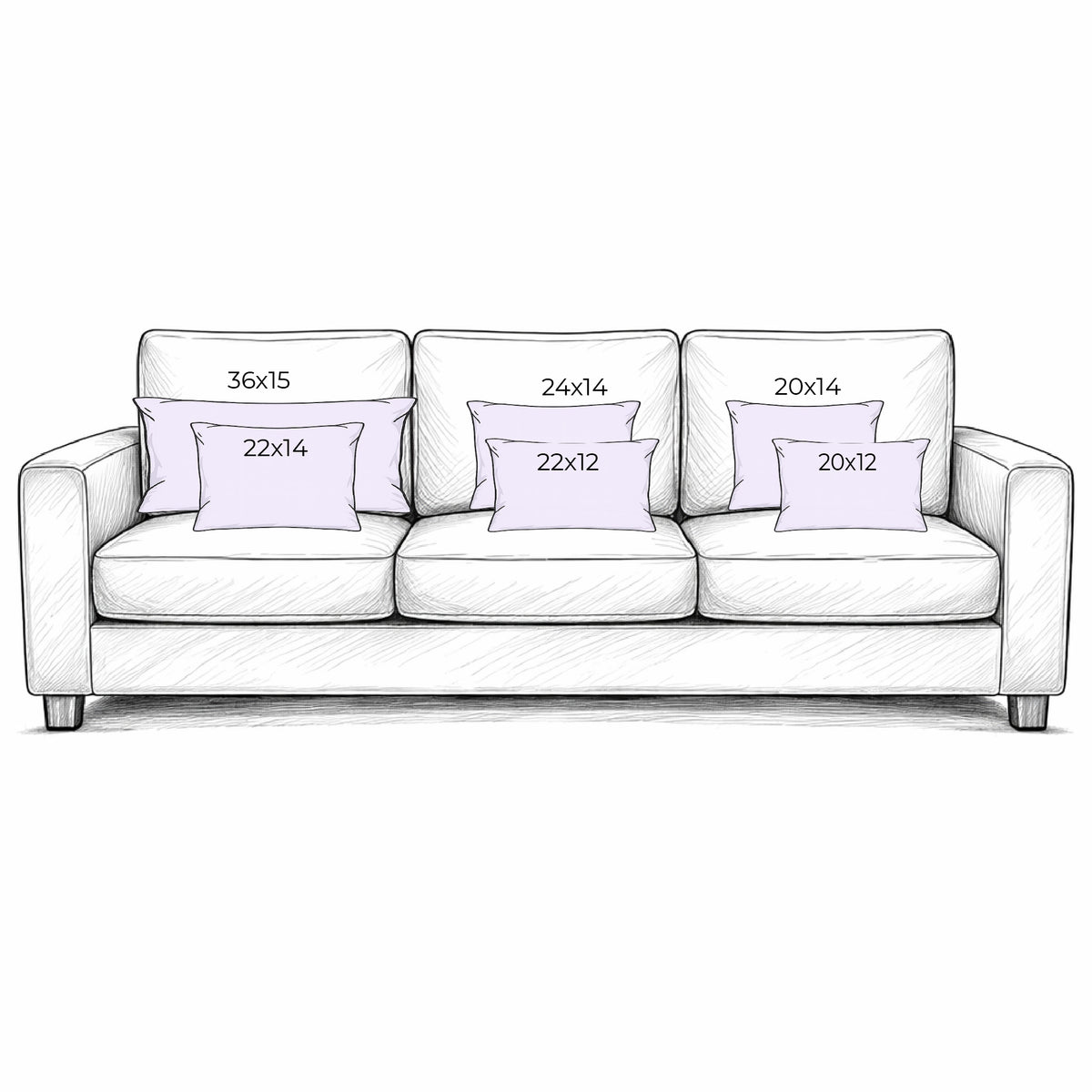 White sofa with decorative pillows and their dimensions on a white background