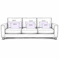 White sofa with decorative pillows and their dimensions on a white background