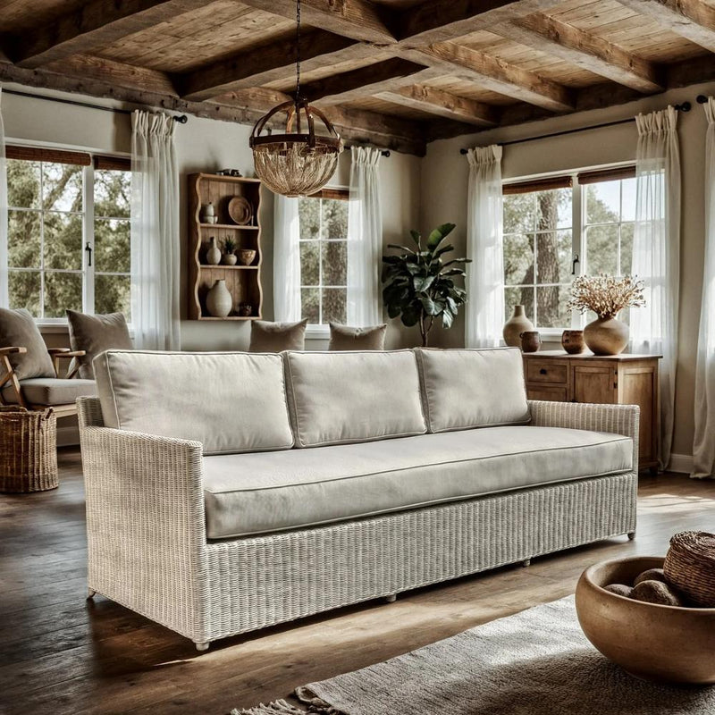 rattan whitewashed sofa fabric three cushion