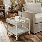 whitewashed rattan end table with handles