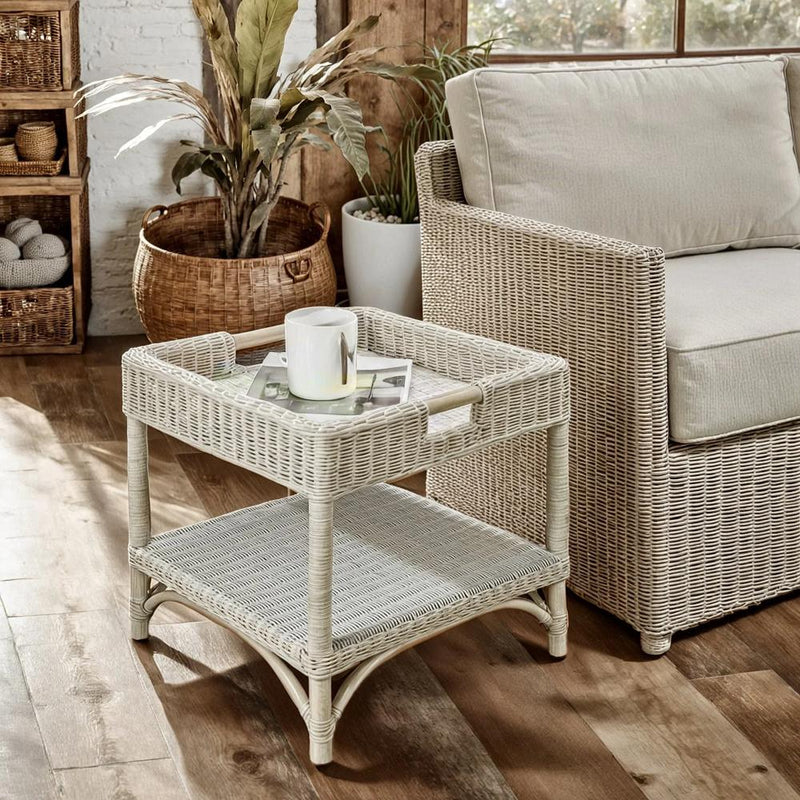 whitewashed rattan end table with handles