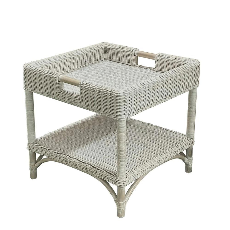 whitewashed rattan end table with handles