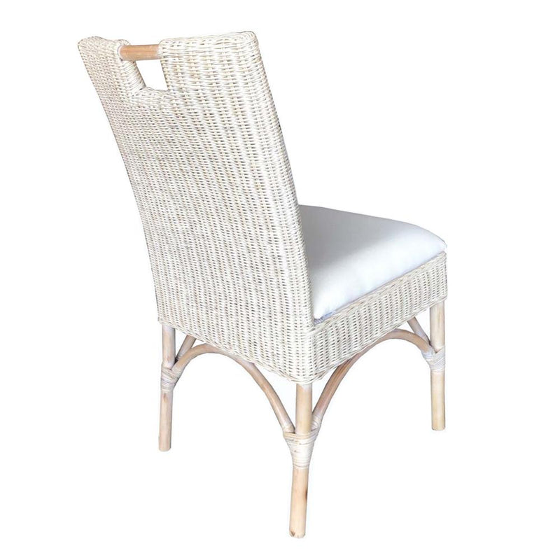 white washed rattan wicker dining chair off-white seat cushion