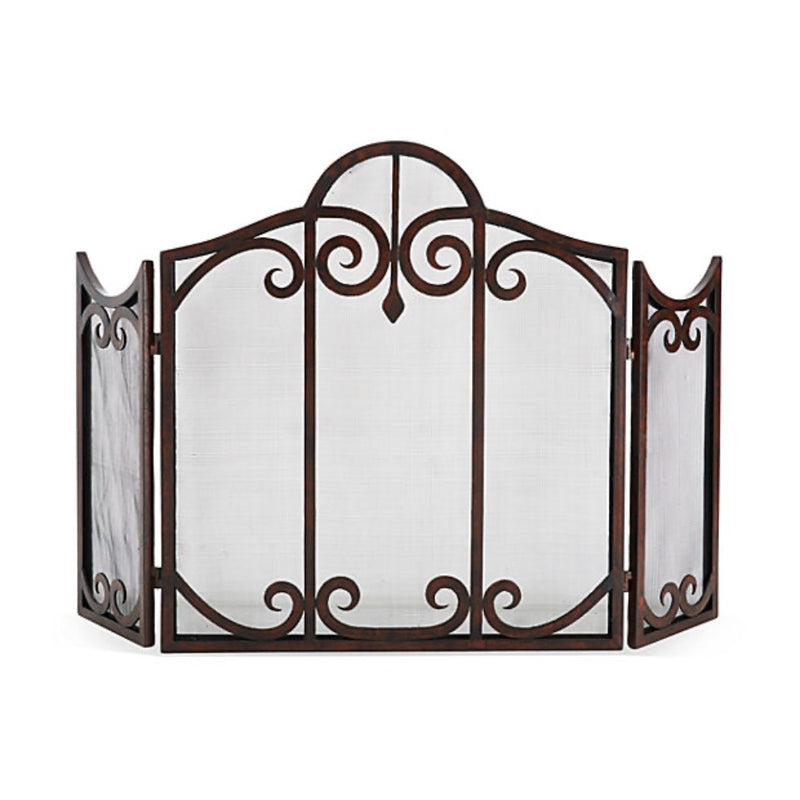 The Dessau Home Bronze Mesh Scroll Fireplace Screen has a stylish design with scroll patterns and a central arch.