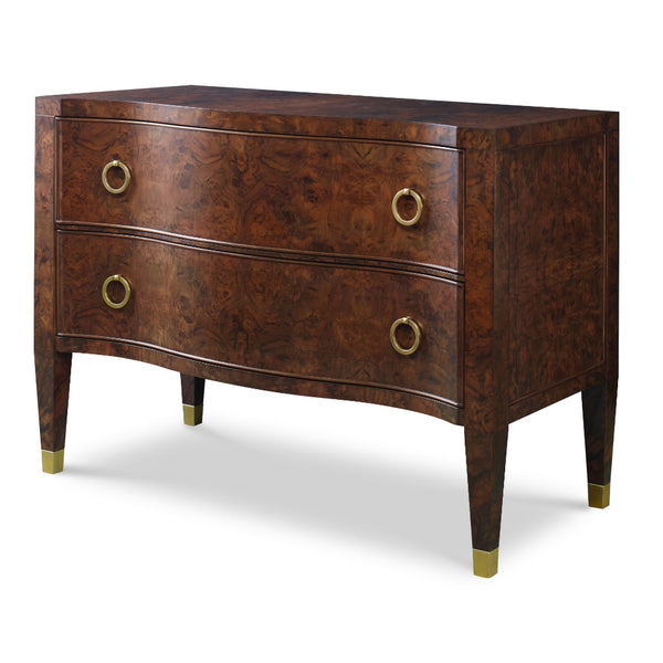 chest walnut brown burl brass ring pulls tapered legs