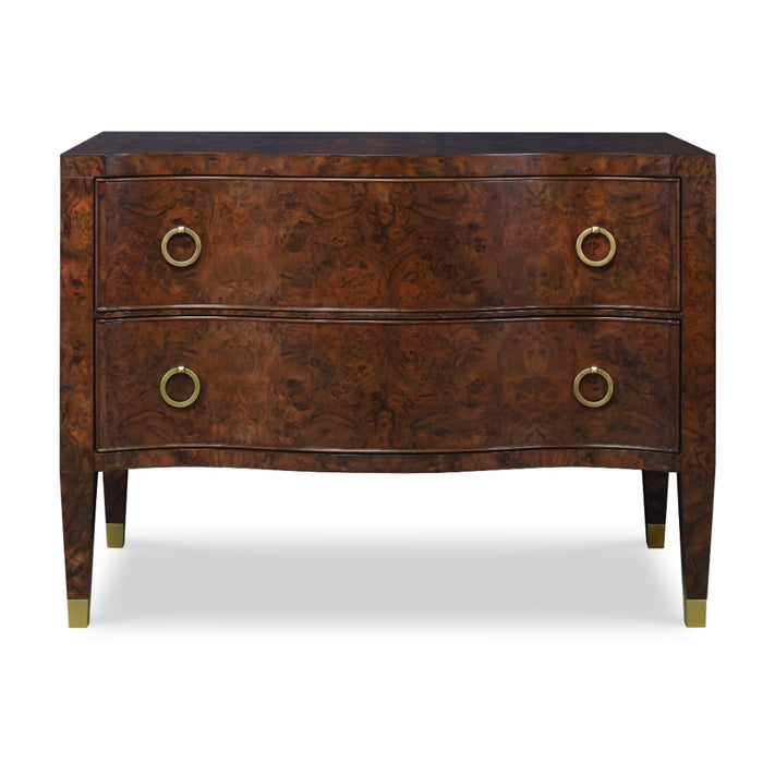 chest walnut brown burl brass ring pulls tapered legs