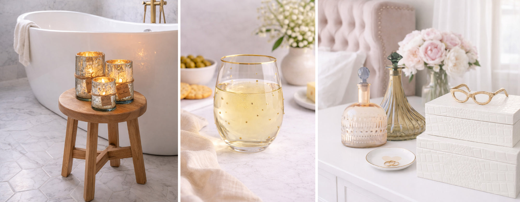 3 images: a bedside table with decanters, flowers, boxes, glasses and a ring holder, a tub with candles, and a wine glass