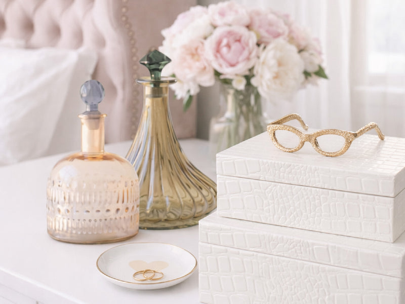 a bedside table with decanters, flowers, boxes, glasses and a ring holder