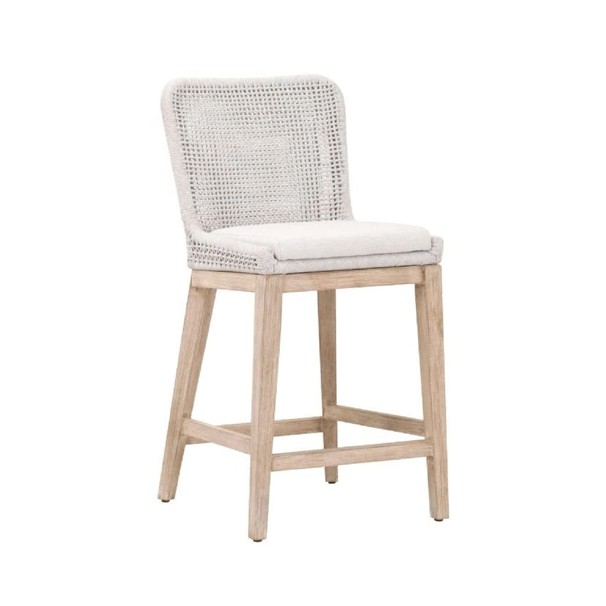 The Mahogany Off-White Counter Stool by Essentials for Living features a wood frame, rattan back, and cushioned seat.