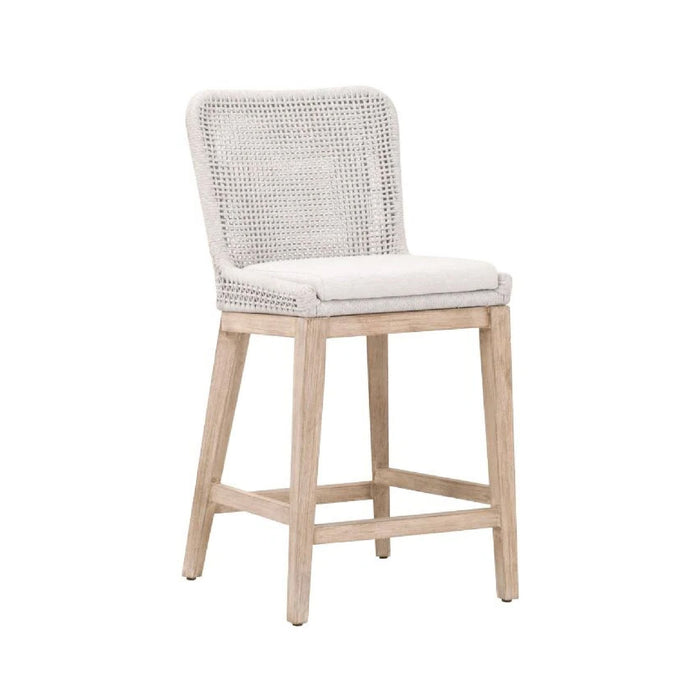 The Mahogany Off-White Counter Stool by Essentials for Living features a wood frame, rattan back, and cushioned seat.