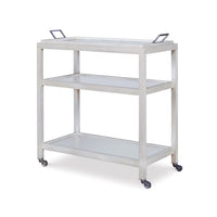 The Mandalay White Bar Cart by Century Furniture is a three-tier, light wood modern cart with metal handles and wheels.