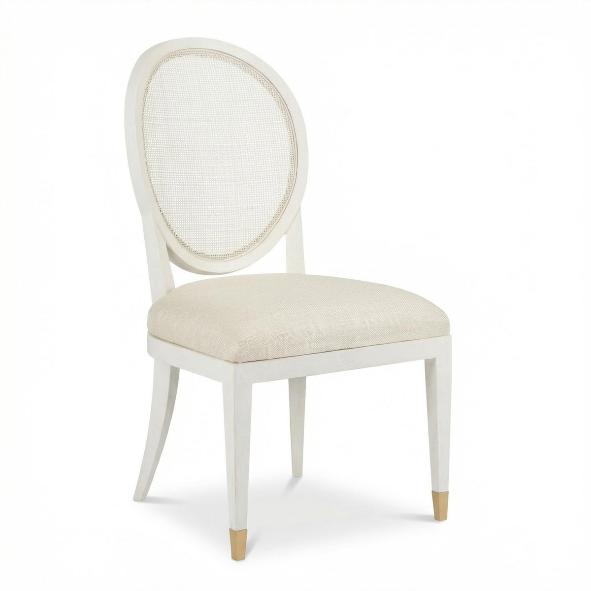 White chair with beige cushion on a white background
