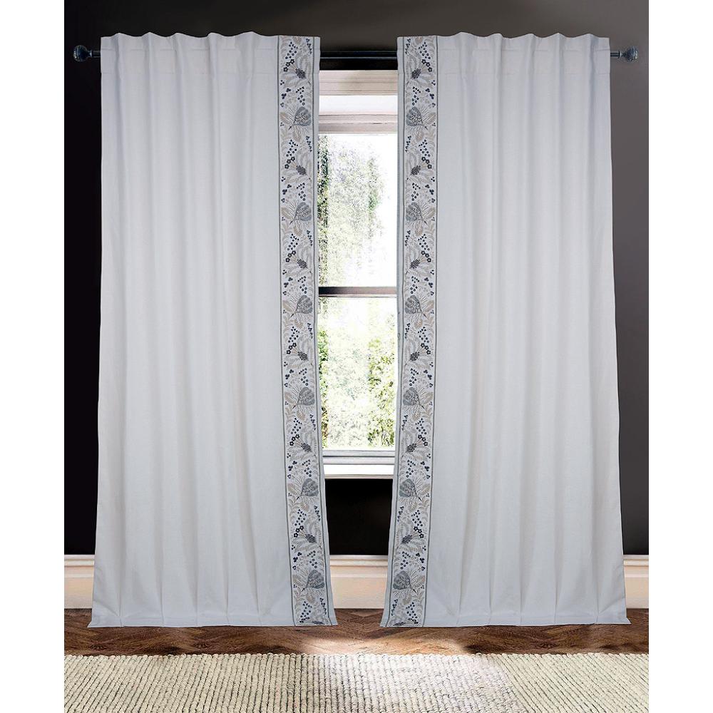 white linen blend drapery panels silver gold embroidered flora edge