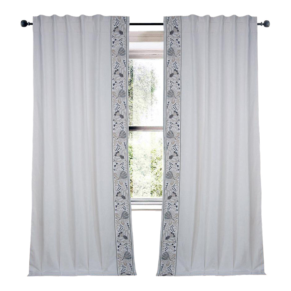 white linen blend drapery panels silver gold embroidered flora edge