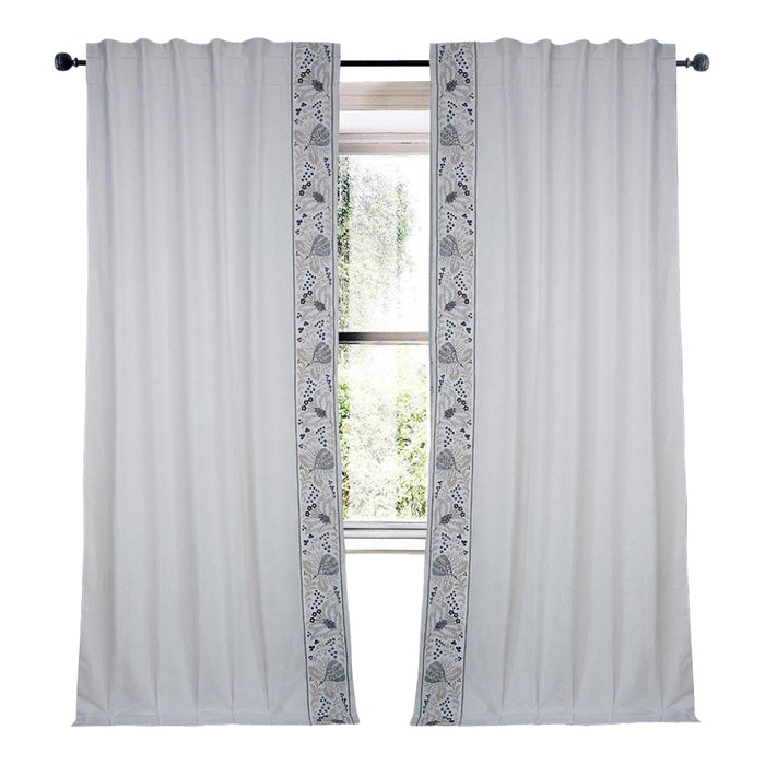 white linen blend drapery panels silver gold embroidered flora edge