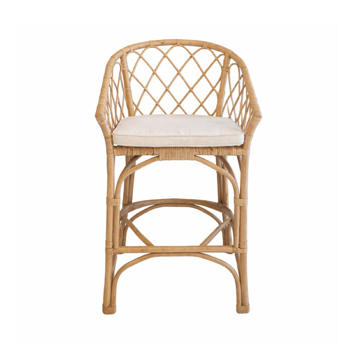 Phillips Scott Maui Rattan Counter Stool with curved backrest and white cushion, shown on a white background.