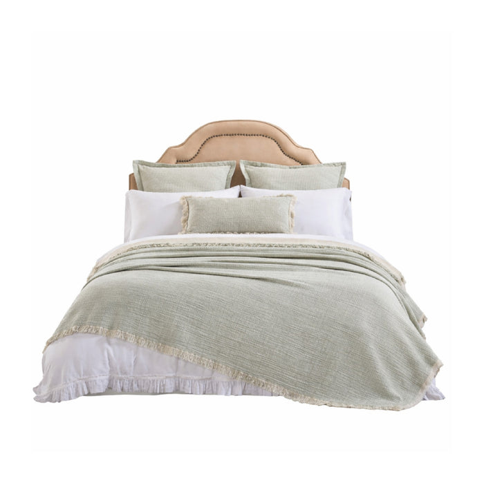 Front view of Monroe Mint Bedding Collection by Orchids Lux Home with white bedding and pillows against a beige headboard.