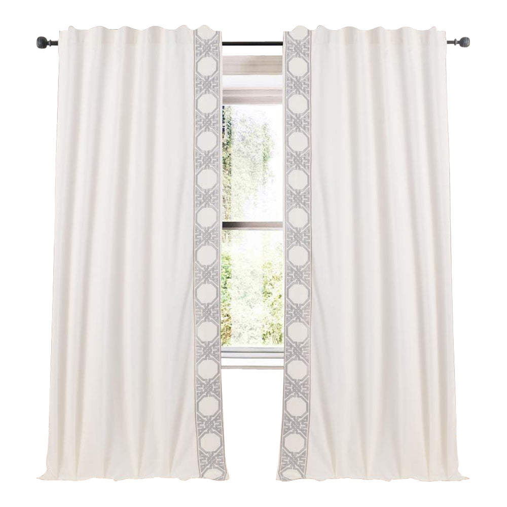ivory linen blend drapery panels silver embroidered edge