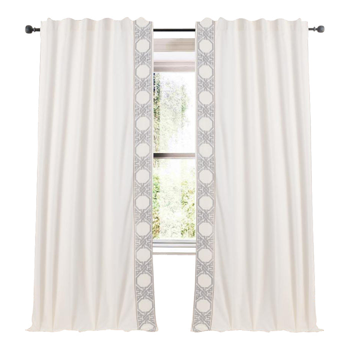 ivory linen blend drapery panels silver embroidered edge