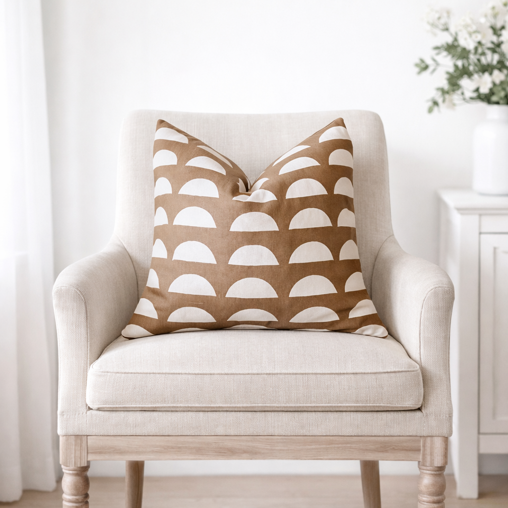 cinnamon brown square pillow white half moons