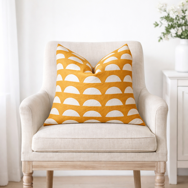 square pillow mustard linen white half circles 20"